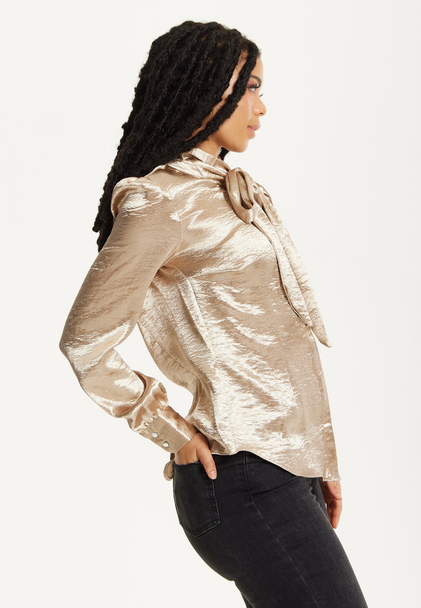 
                  
                    Gold Satin Bow Blouse
                  
                