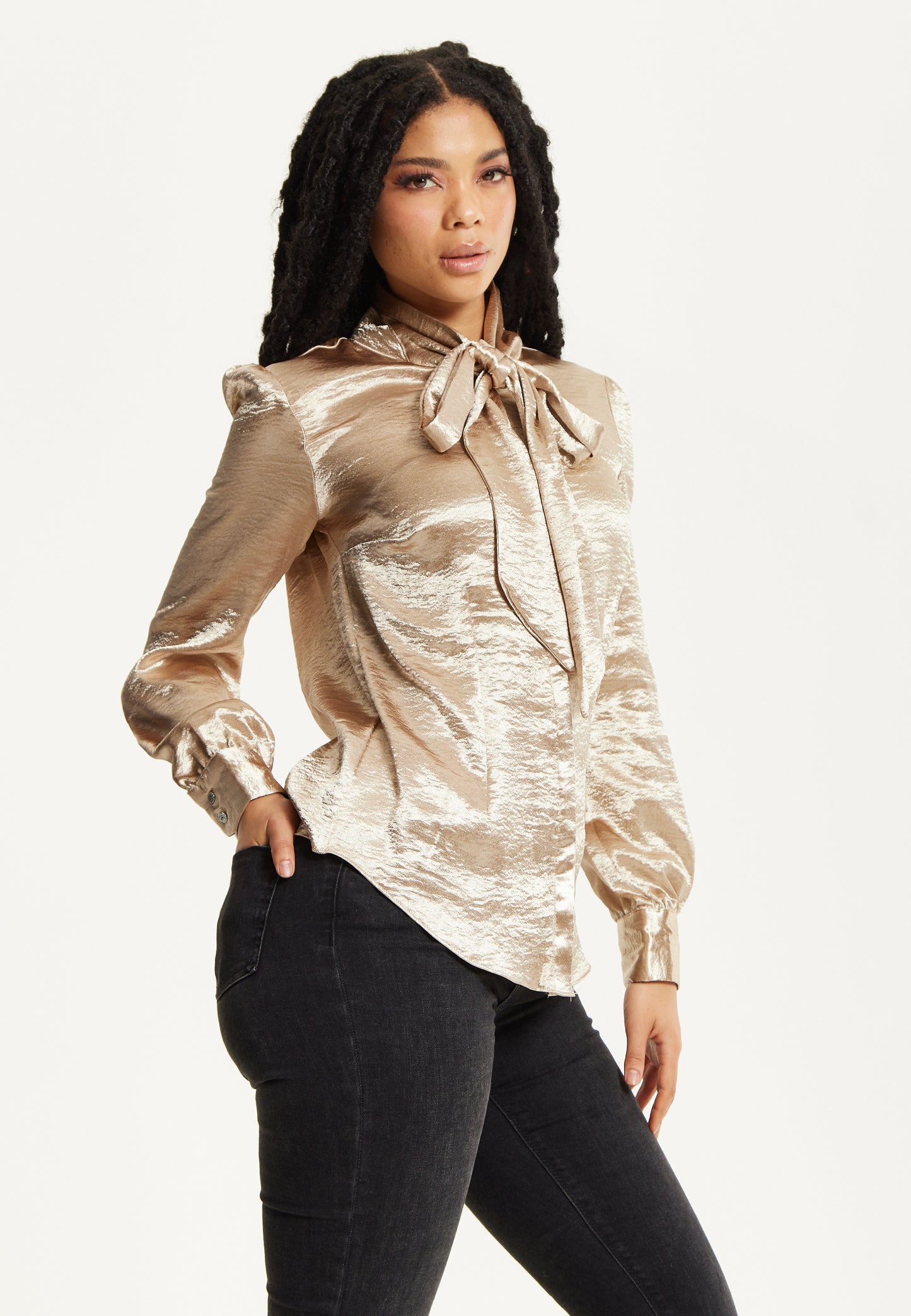
                  
                    Gold Satin Bow Blouse
                  
                