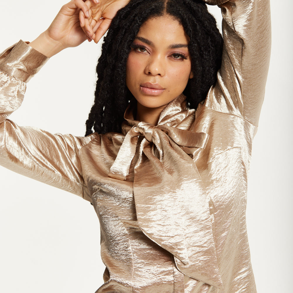 
                  
                    Gold Satin Bow Blouse
                  
                