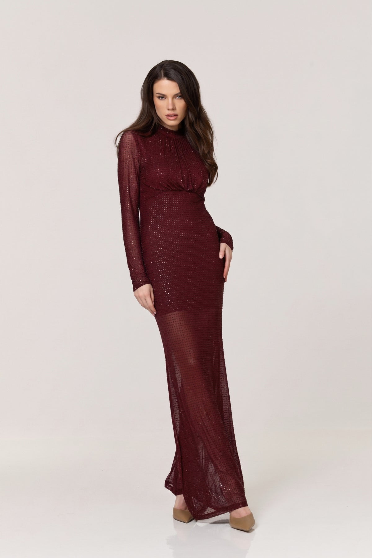
                  
                    Burgundy Diamante Mesh Maxi Dress
                  
                