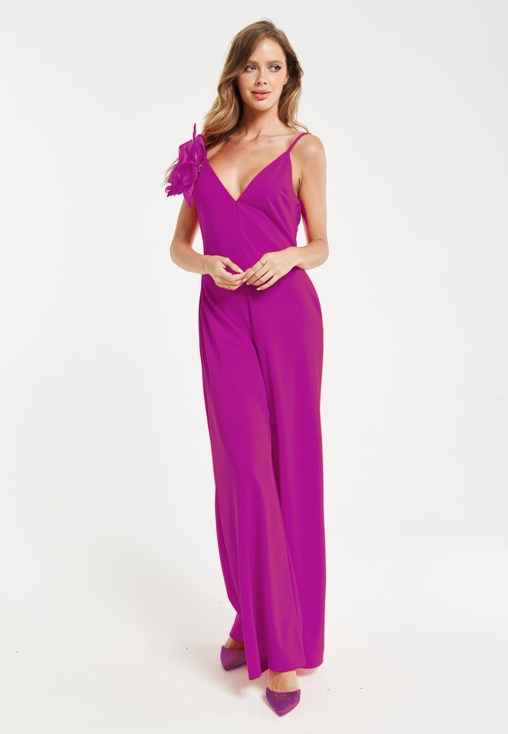 Liquorish Elegant Fuchsia Jumpsuit with Floral Shoulder Detail