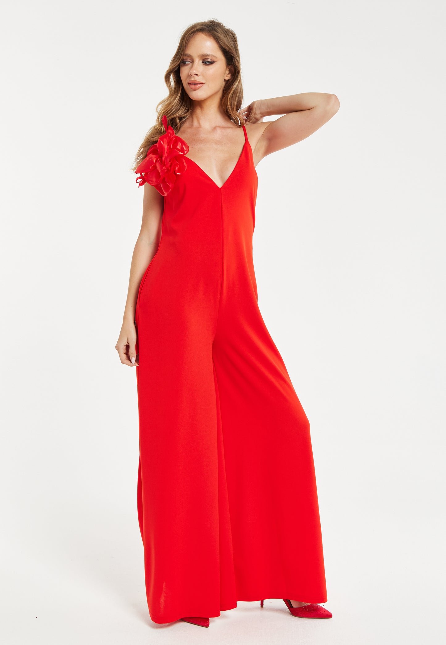 
                  
                    Liquorish Elegant Red Jumpsuit with Floral Shoulder Detail
                  
                