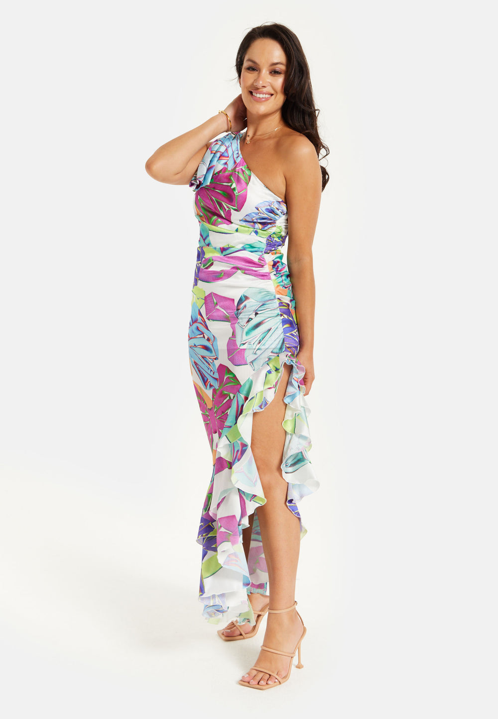 Liquorish Bow Printed One Shoulder Frill Dress