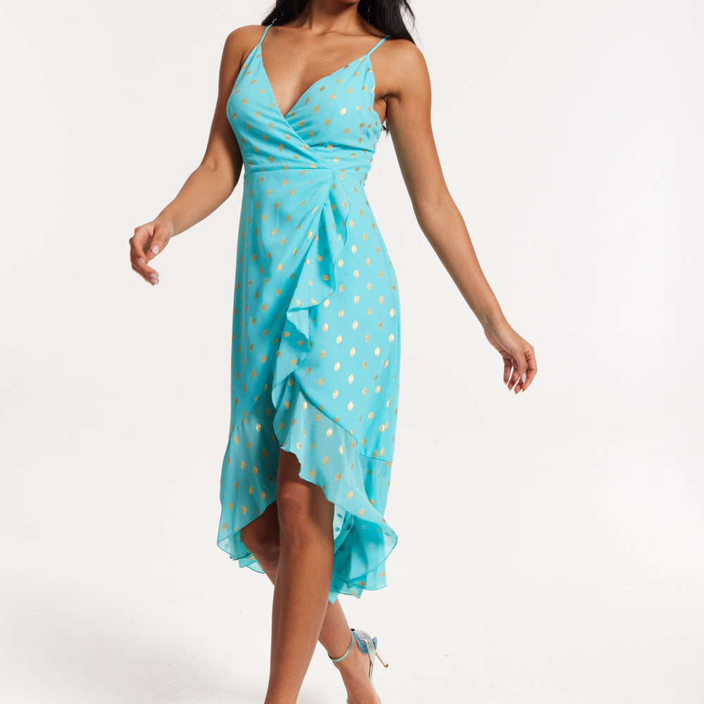 
                  
                    Turquoise Gold Print Wrap Midi Dress
                  
                