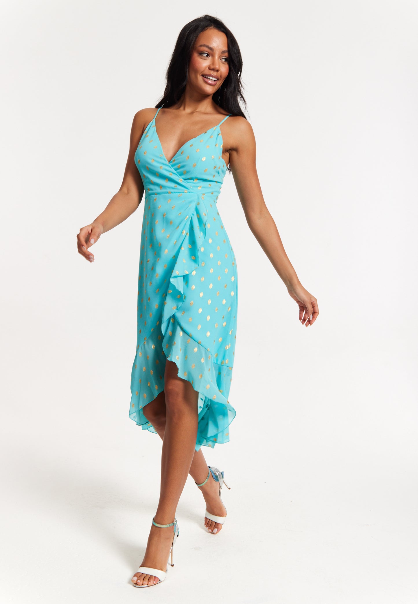 
                  
                    Turquoise Gold Print Wrap Midi Dress
                  
                