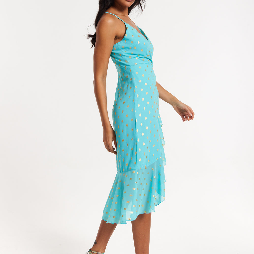 
                  
                    Turquoise Gold Print Wrap Midi Dress
                  
                