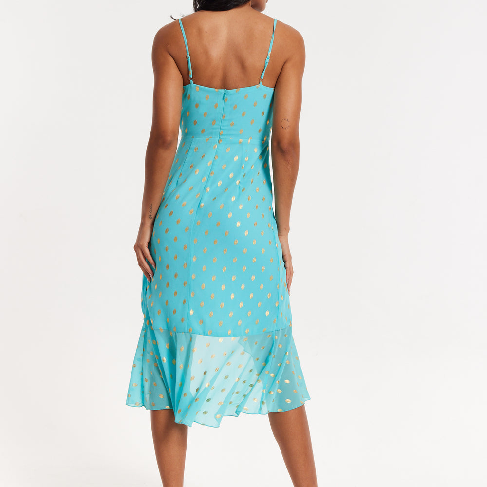 
                  
                    Turquoise Gold Print Wrap Midi Dress
                  
                