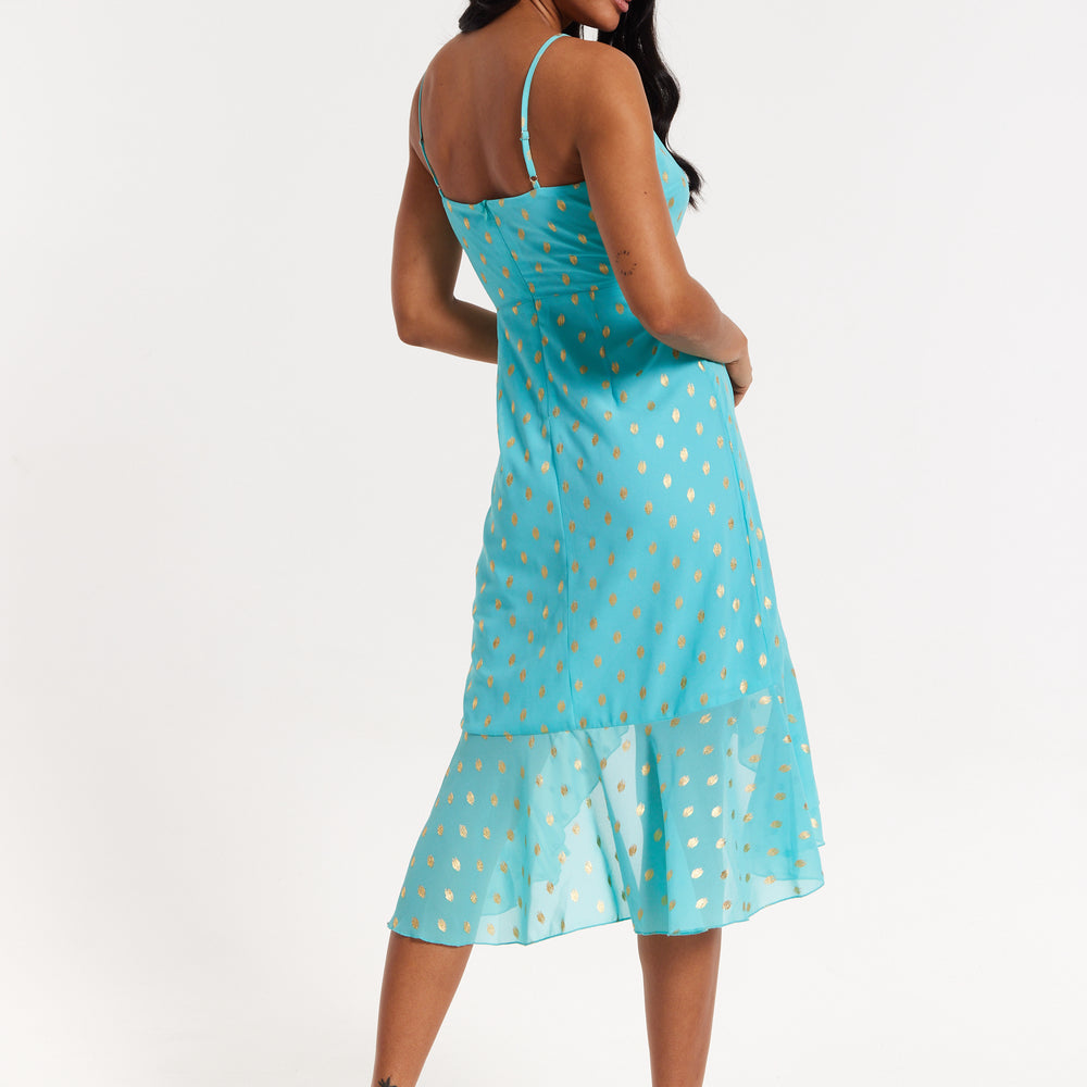 
                  
                    Turquoise Gold Print Wrap Midi Dress
                  
                