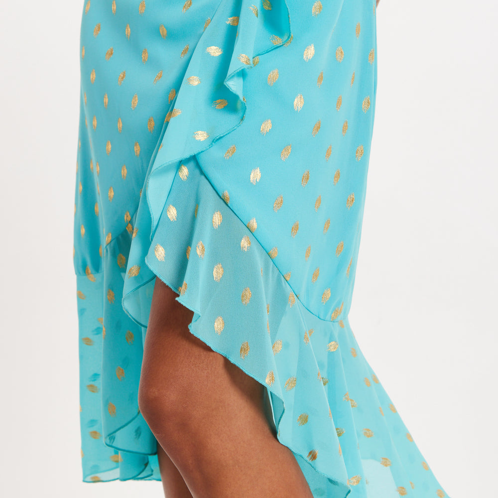 
                  
                    Turquoise Gold Print Wrap Midi Dress
                  
                