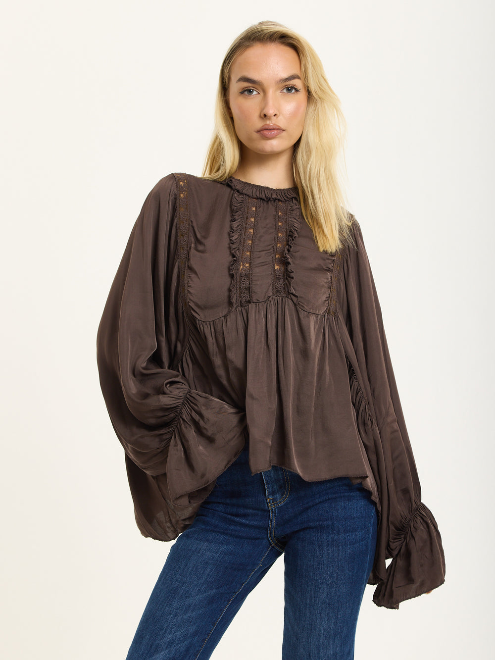 Chocolate Boho Lace Detail Blouse