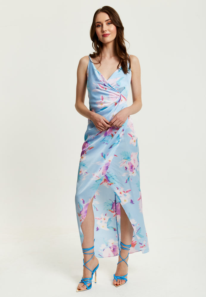 Liquorish Floral Print Maxi Wrap Dress In Blue