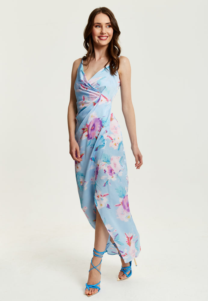 Liquorish Floral Print Maxi Wrap Dress In Blue