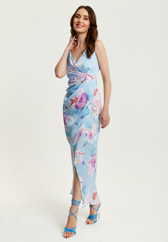 Liquorish Floral Print Maxi Wrap Dress In Blue