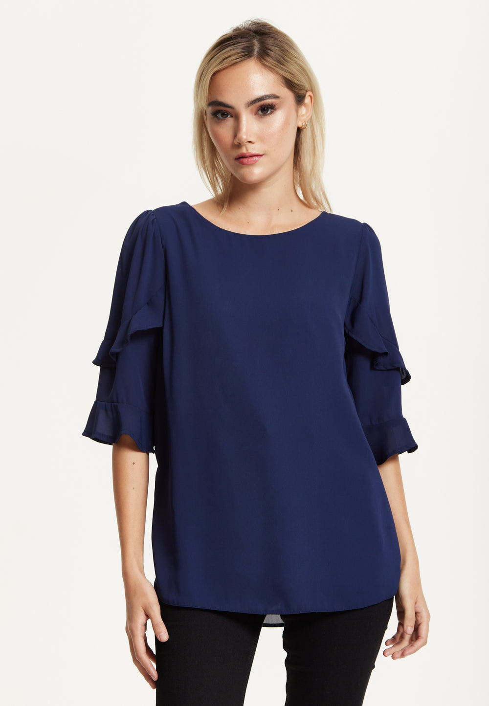 Navy Ruffle Sleeve Blouse