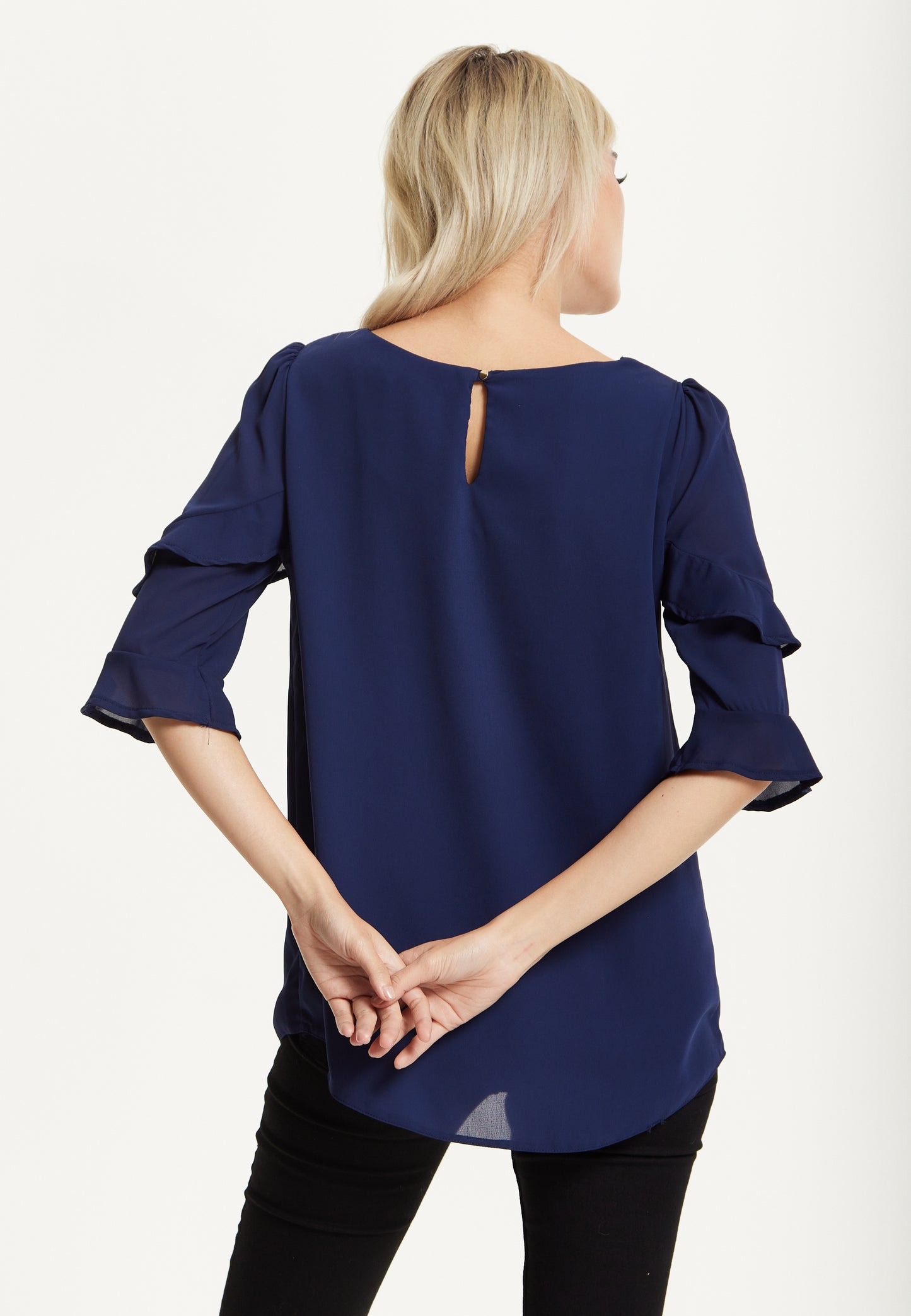 
                  
                    Navy Ruffle Sleeve Blouse
                  
                