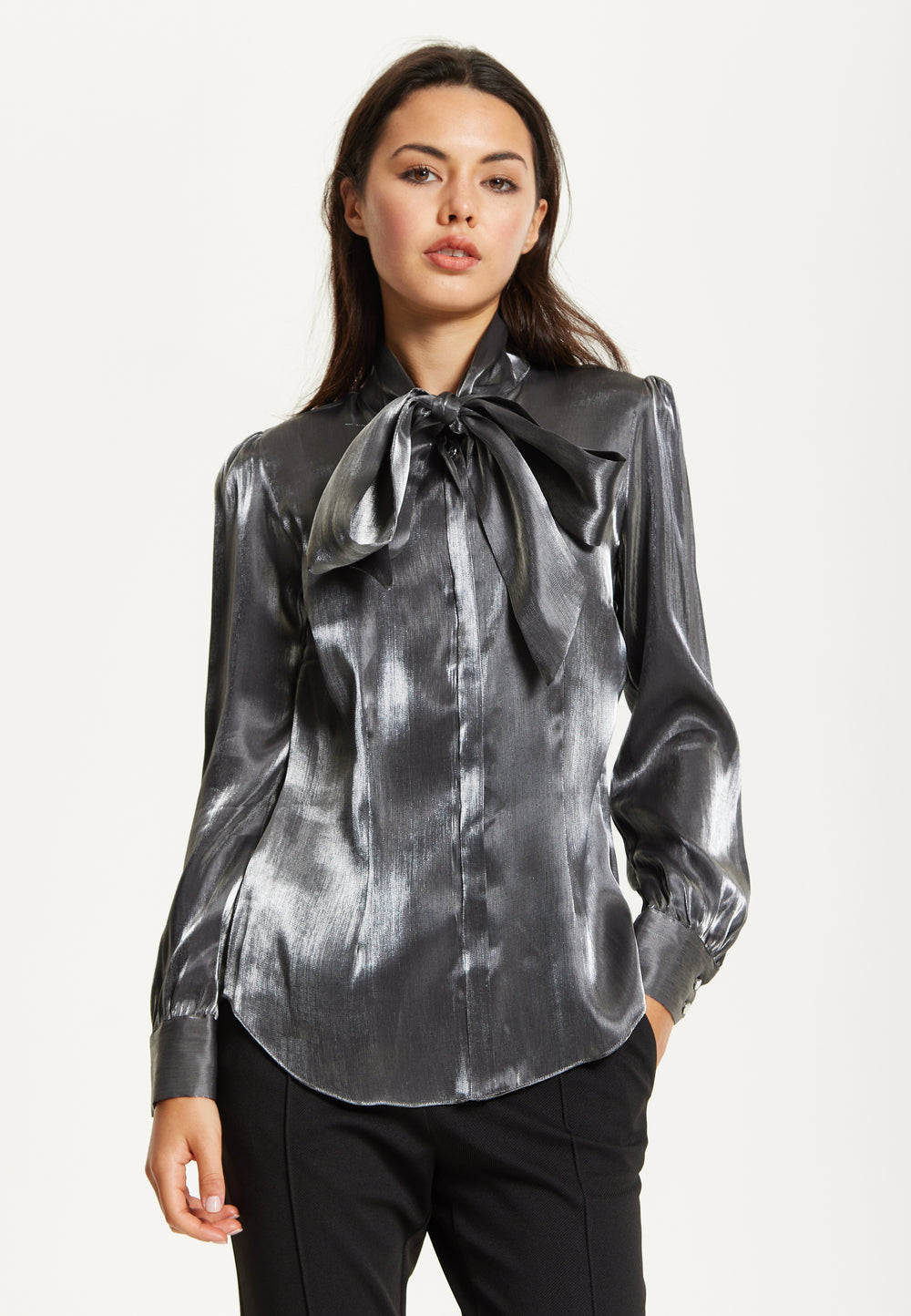 Charcoal Metallic Pussybow Blouse