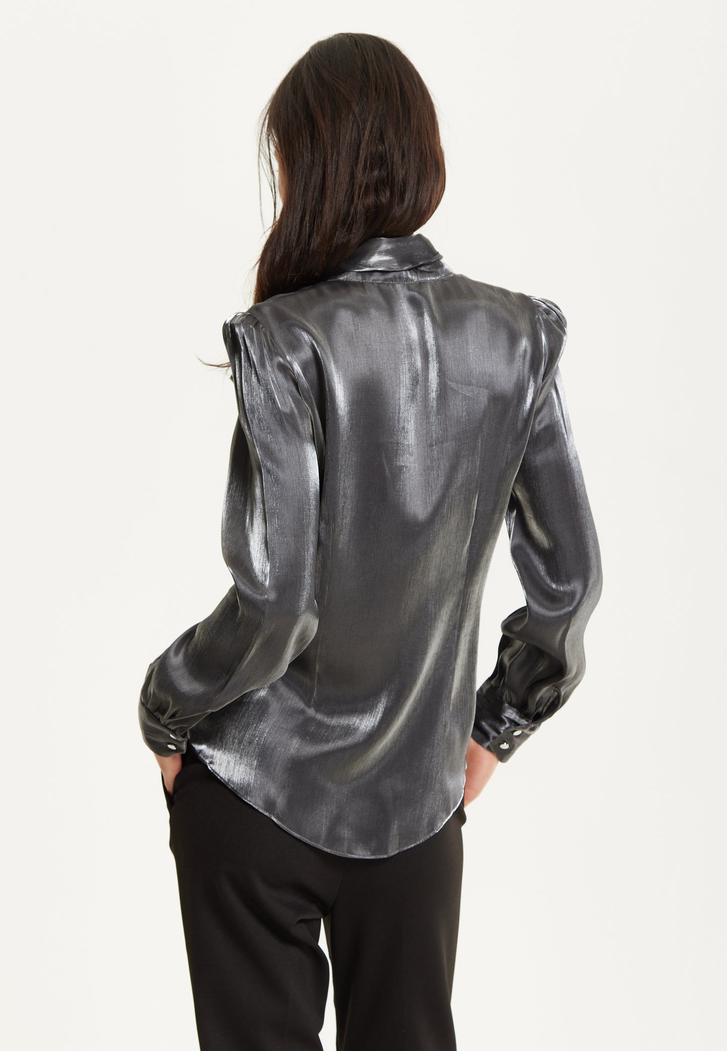 
                  
                    Charcoal Metallic Pussybow Blouse
                  
                