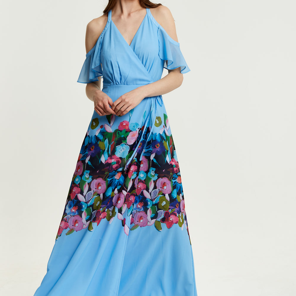 
                  
                    Liquorish Floral Print Maxi Wrap Dress With Frill Details in Blue
                  
                