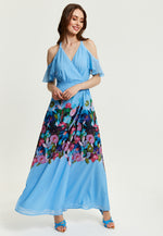 Liquorish Floral Print Maxi Wrap Dress With Frill Details in Blue