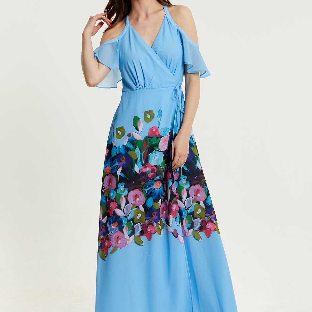 
                  
                    Liquorish Floral Print Maxi Wrap Dress With Frill Details in Blue
                  
                