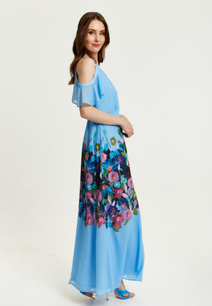 Liquorish Floral Print Maxi Wrap Dress With Frill Details in Blue