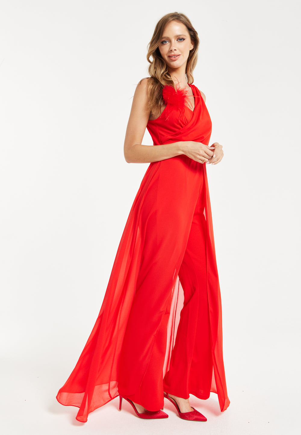 Liquorish Red Sleeveless Jumpsuit with Sheer Overlay