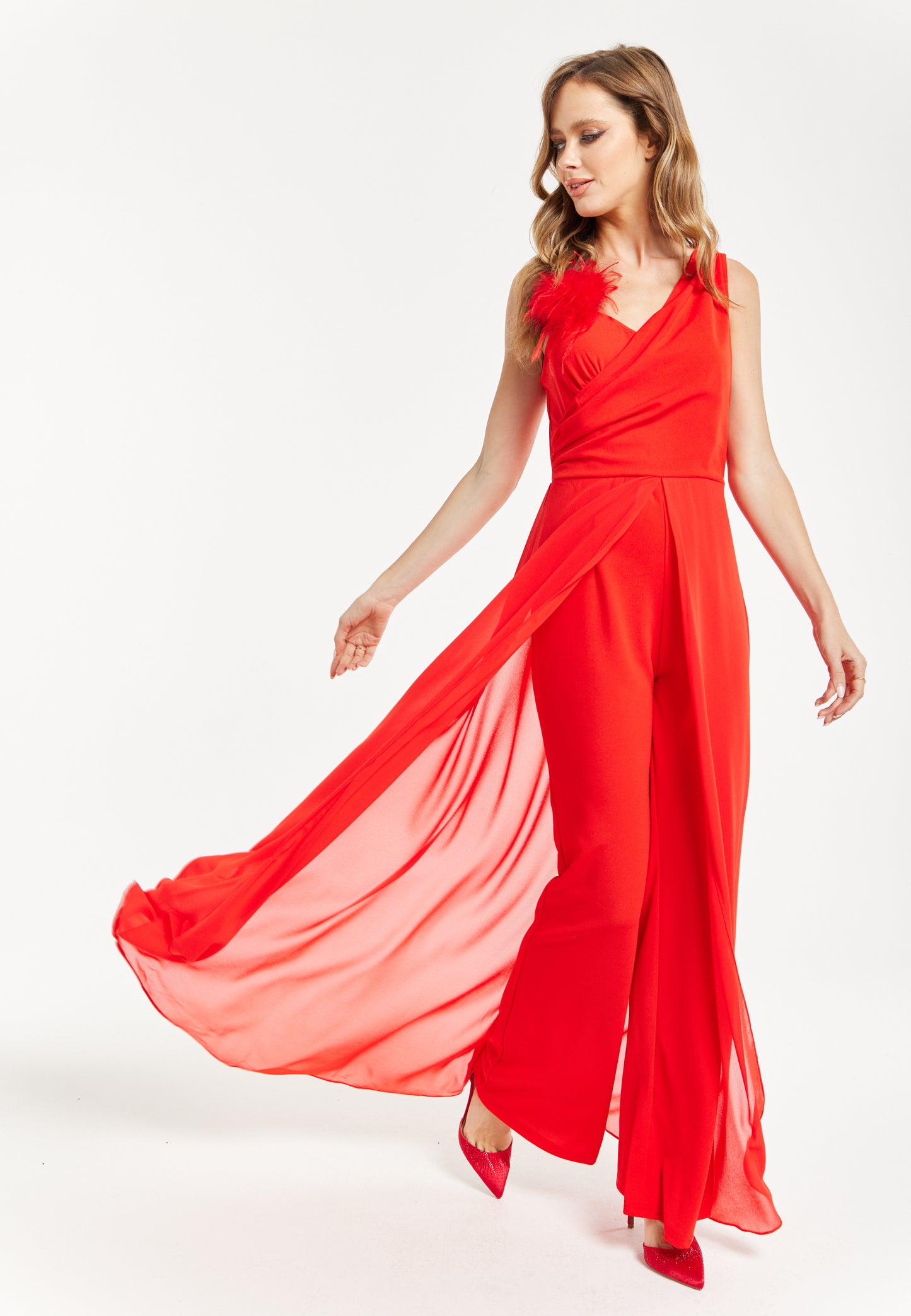 
                  
                    Liquorish Red Sleeveless Jumpsuit with Sheer Overlay
                  
                