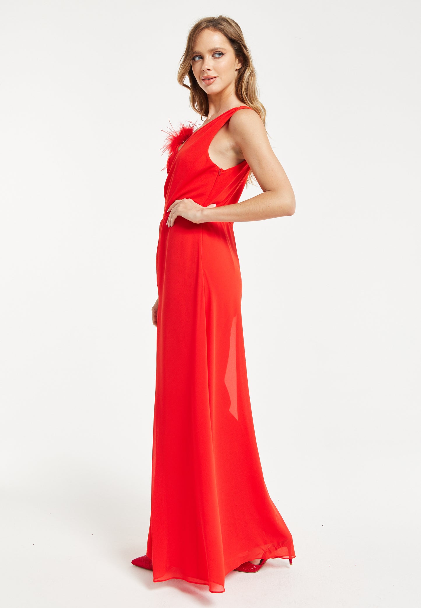 
                  
                    Liquorish Red Sleeveless Jumpsuit with Sheer Overlay
                  
                