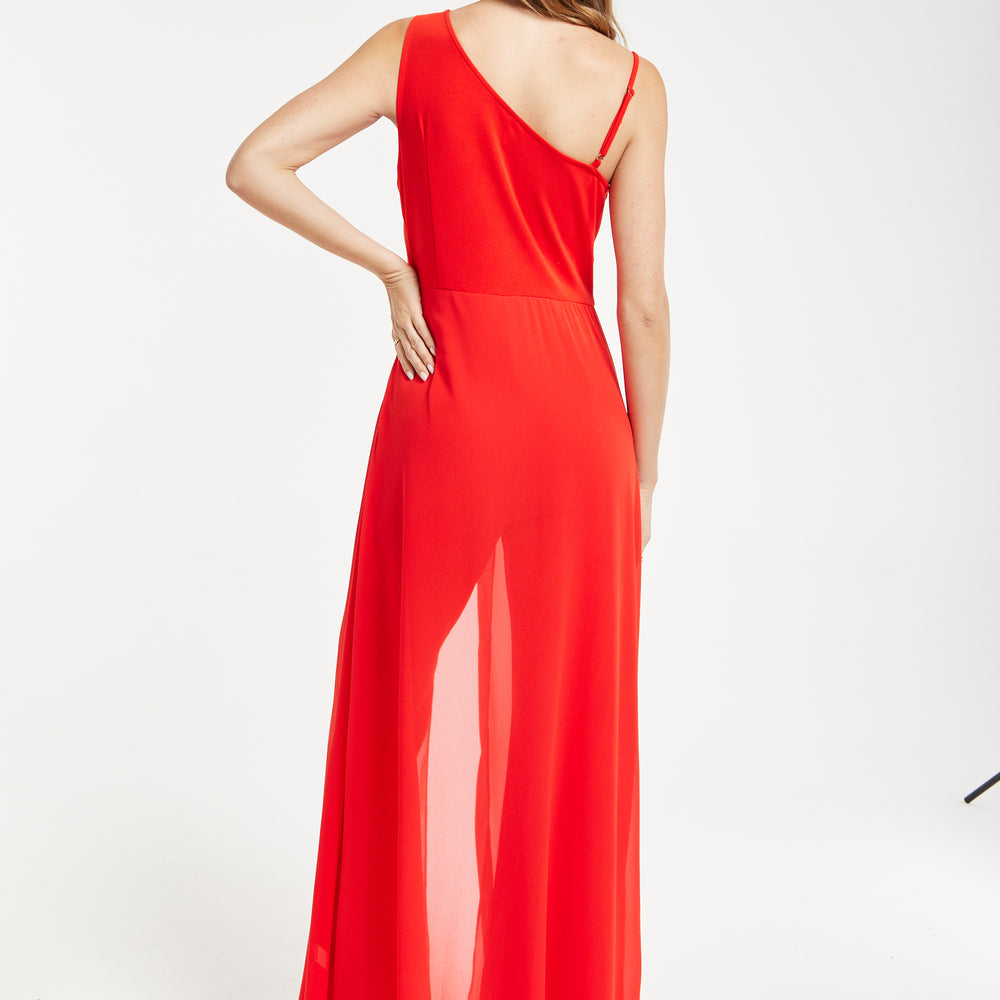 
                  
                    Liquorish Red Sleeveless Jumpsuit with Sheer Overlay
                  
                