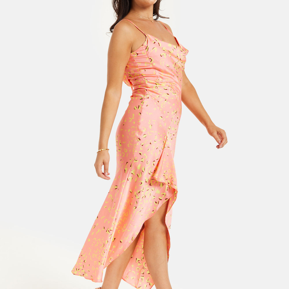 
                  
                    Liquorish Cowl Neck Abstract Animal Print Dress in Peach
                  
                