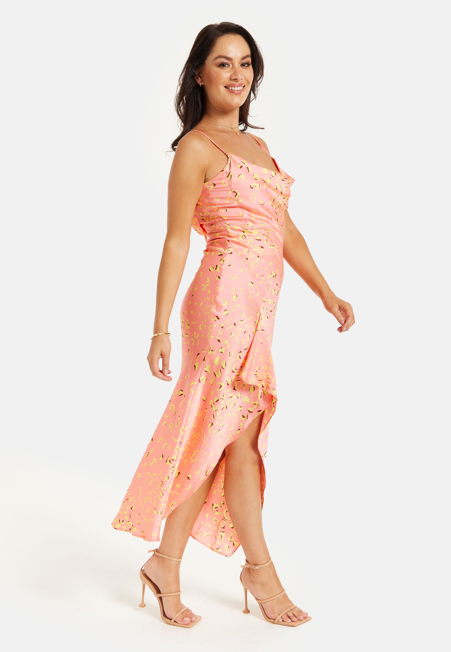 
                  
                    Liquorish Cowl Neck Abstract Animal Print Dress in Peach
                  
                