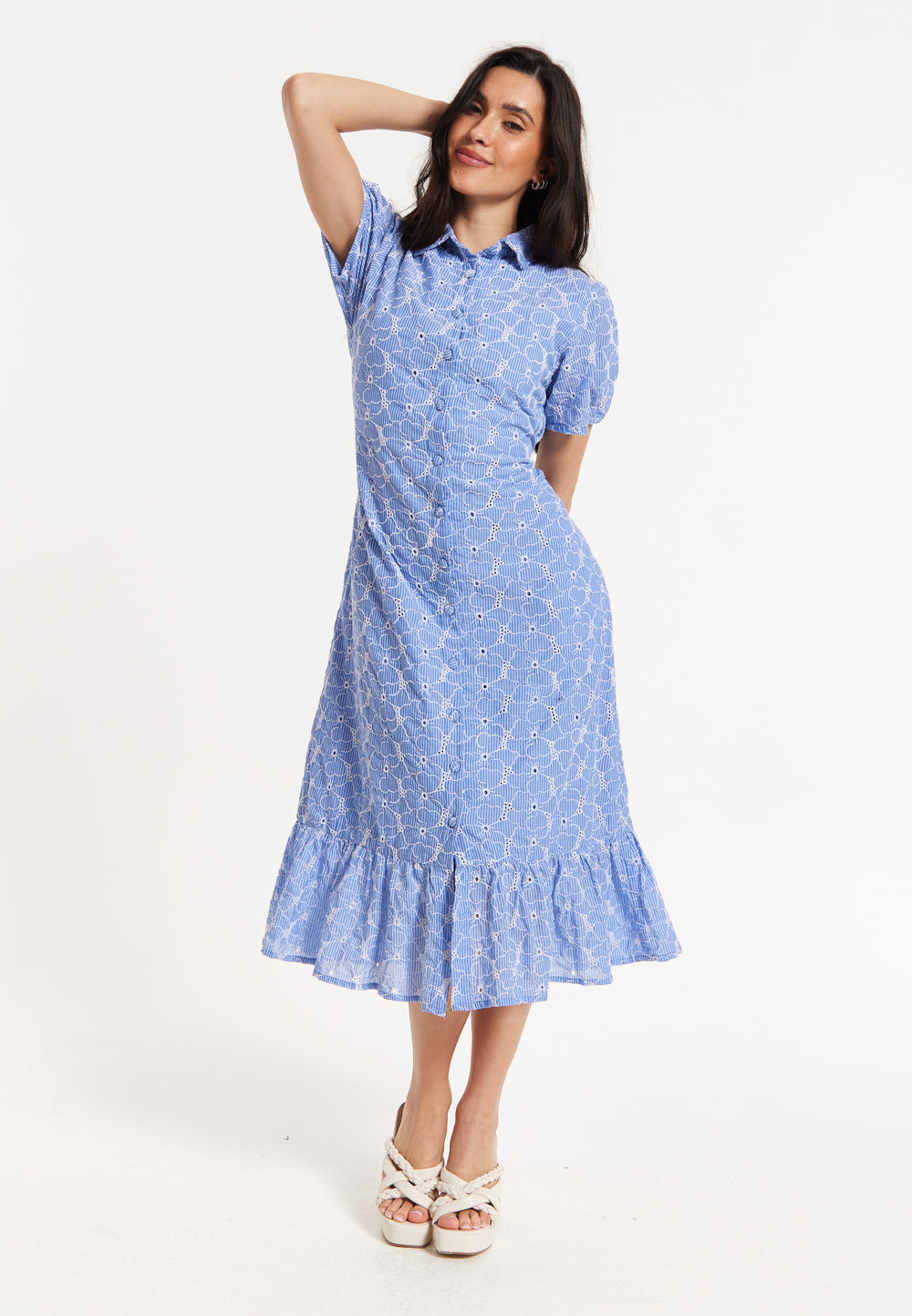 Blue Embroidered Shirt Midi Dress