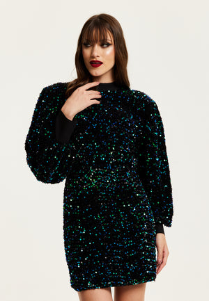 Liquorish Black Velvet Based Green And Blue Sequin Mini Dress