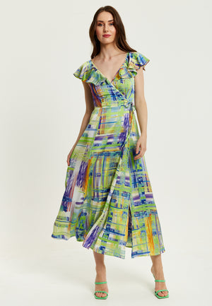 Liquorish Abstract Print Maxi Wrap Dress In Sage And Purple