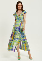 Liquorish Abstract Print Maxi Wrap Dress In Sage And Purple