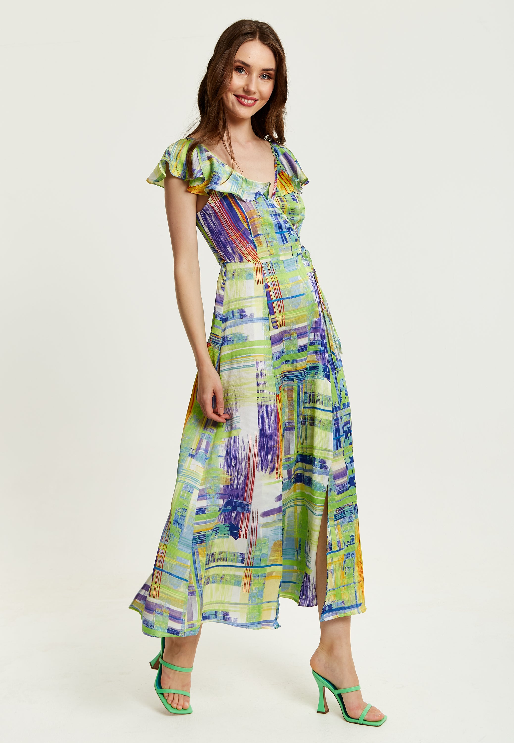 Liquorish Abstract Print Maxi Wrap Dress In Sage And Purple – Liquorish ...
