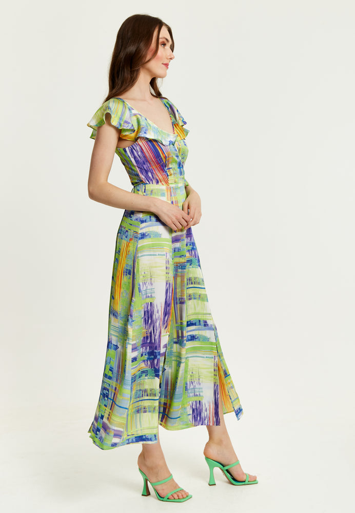 Liquorish Abstract Print Maxi Wrap Dress In Sage And Purple