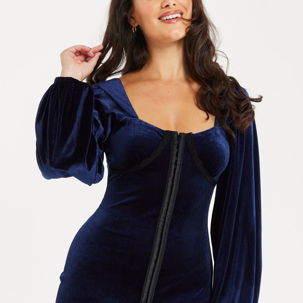 
                  
                    Women's Mini Dress with Corset Detail, Balloon Sleeves, Square Neck, and Velvet in Navy - Regular Fit by Liquorish
                  
                