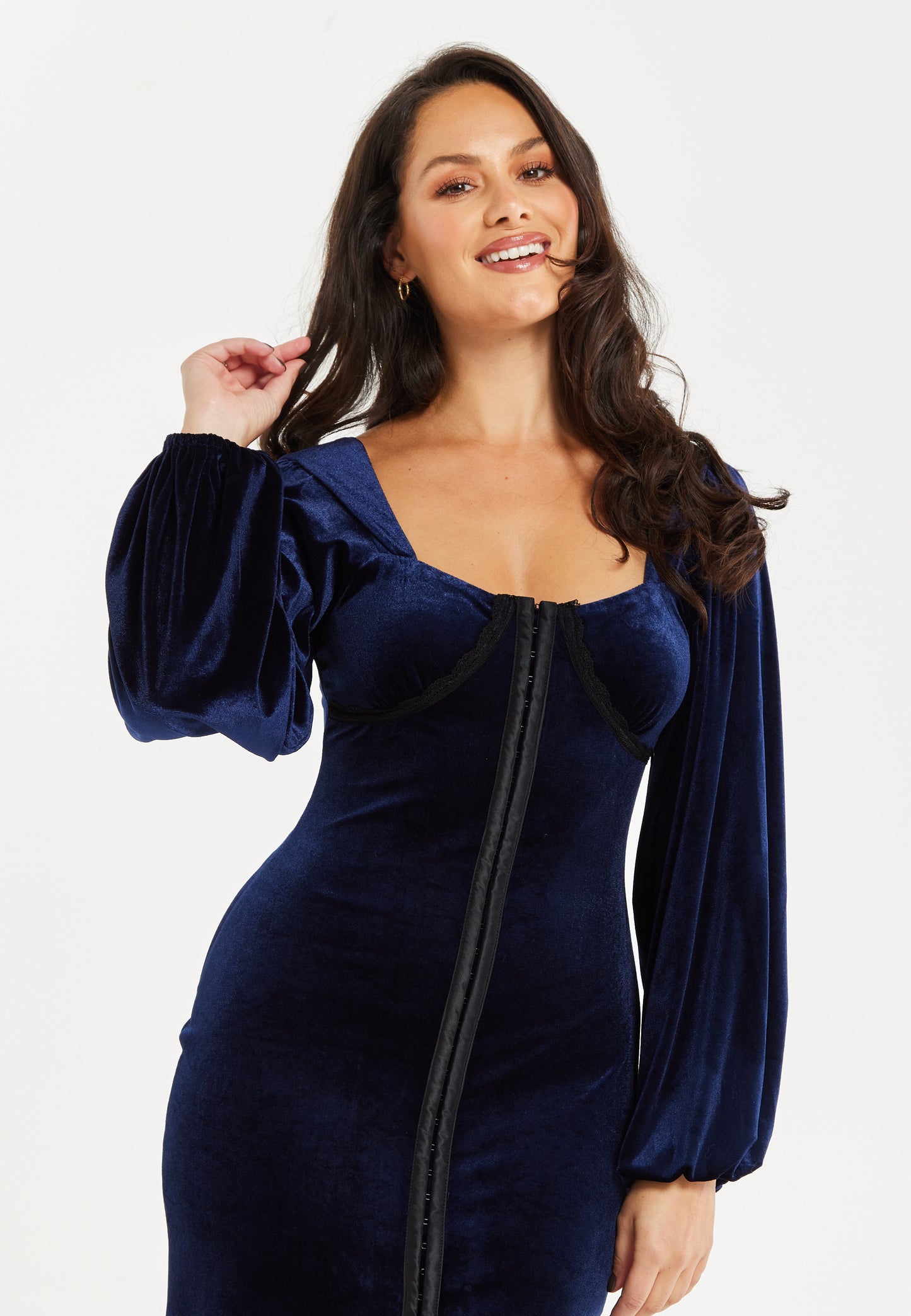 
                  
                    Women's Mini Dress with Corset Detail, Balloon Sleeves, Square Neck, and Velvet in Navy - Regular Fit by Liquorish
                  
                