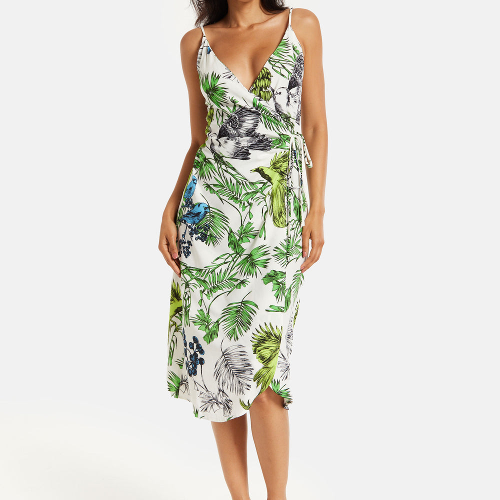 
                  
                    Women's Midi Dress in Floral and Bird Print with V Neck and Tie Waist, Regular Fit, Short Sleeves - Liquorish
                  
                