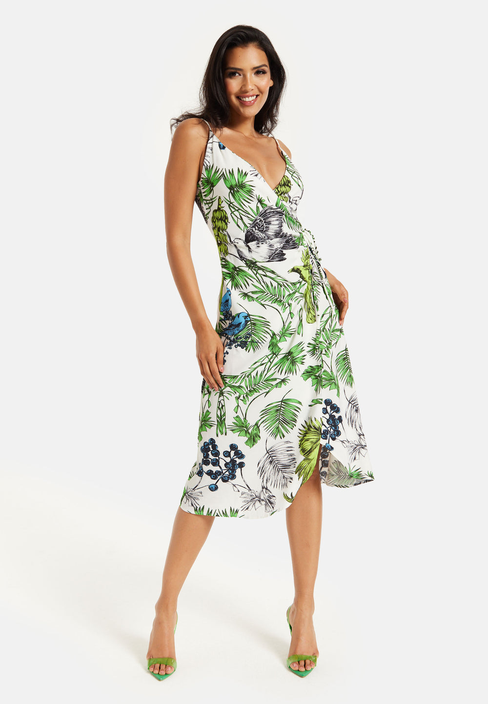 Women's Midi Dress in Floral and Bird Print with V Neck and Tie Waist, Regular Fit, Short Sleeves - Liquorish