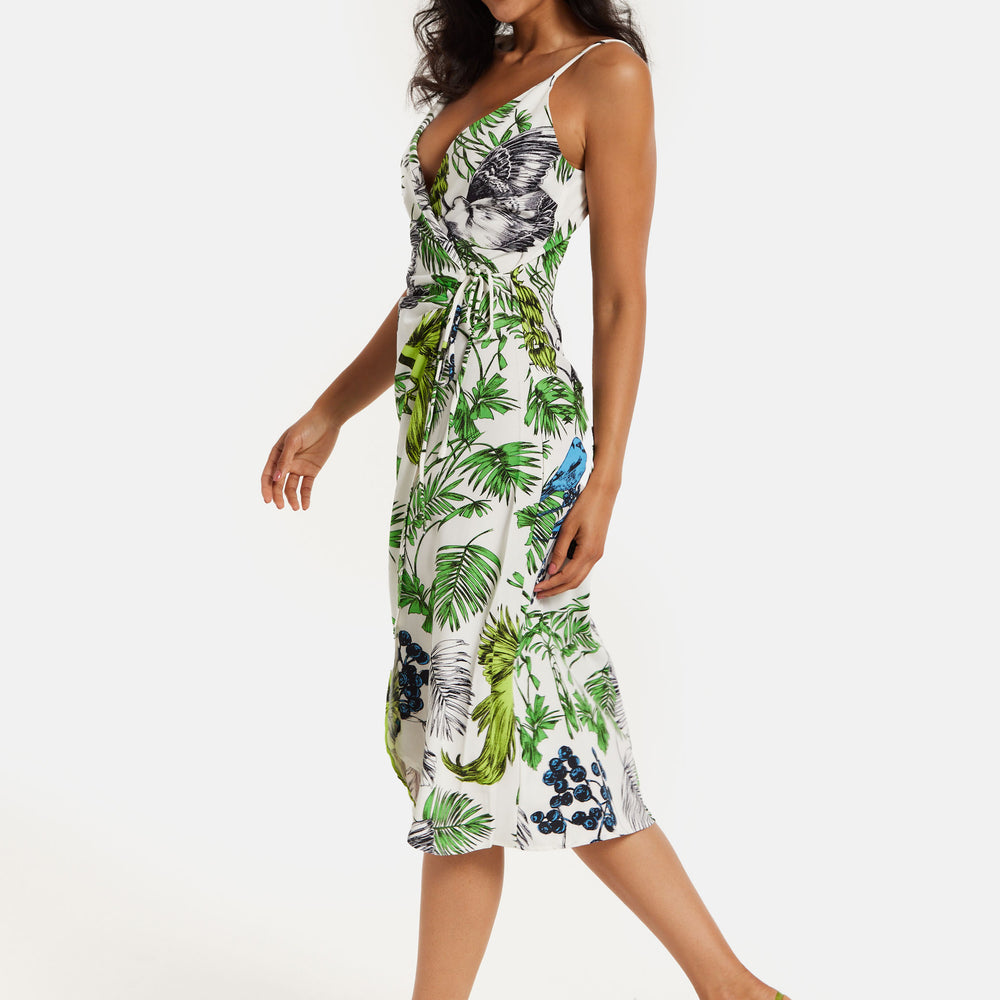 
                  
                    Women's Midi Dress in Floral and Bird Print with V Neck and Tie Waist, Regular Fit, Short Sleeves - Liquorish
                  
                