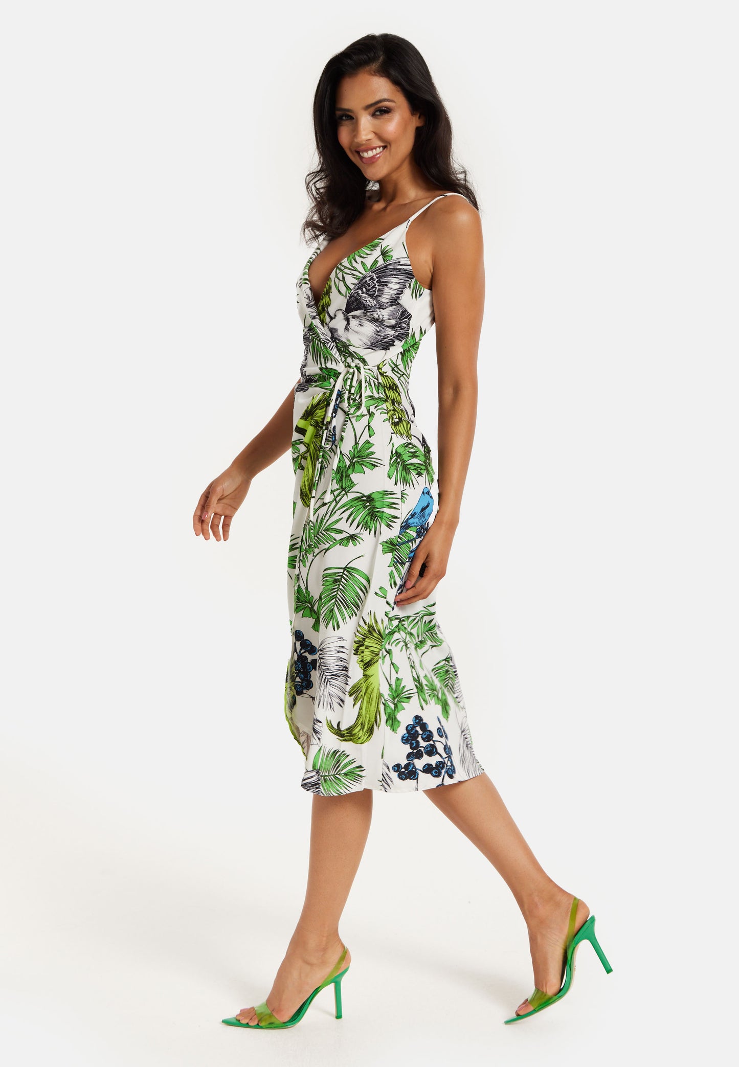 
                  
                    Women's Midi Dress in Floral and Bird Print with V Neck and Tie Waist, Regular Fit, Short Sleeves - Liquorish
                  
                