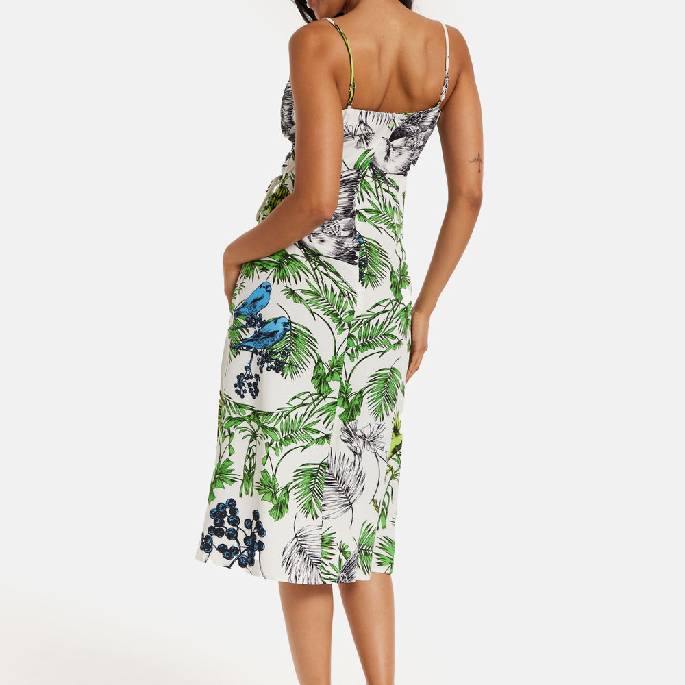 
                  
                    Women's Midi Dress in Floral and Bird Print with V Neck and Tie Waist, Regular Fit, Short Sleeves - Liquorish
                  
                