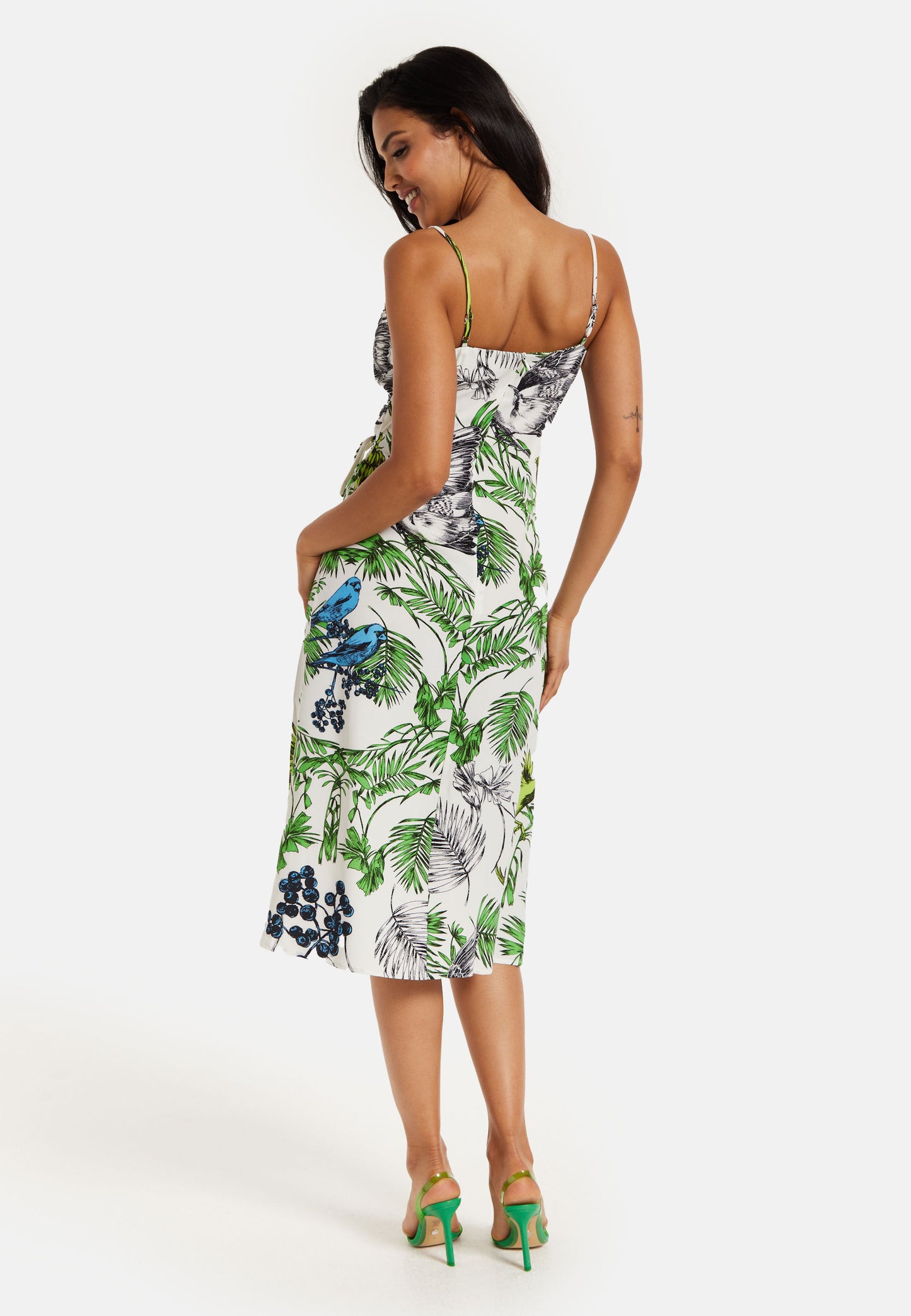 
                  
                    Women's Midi Dress in Floral and Bird Print with V Neck and Tie Waist, Regular Fit, Short Sleeves - Liquorish
                  
                