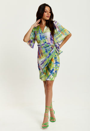 Liquorish Abstract Print Midi Dress In Green With Short Sleeves