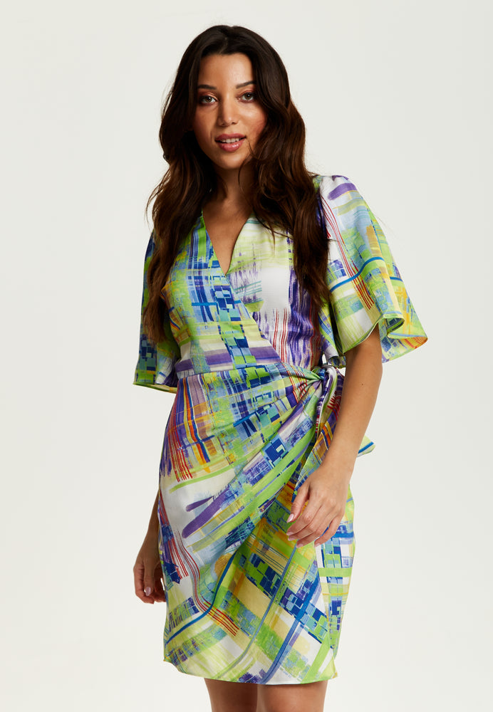 Liquorish Abstract Print Midi Dress In Green With Short Sleeves