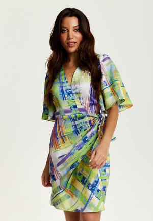 Liquorish Abstract Print Midi Dress In Green With Short Sleeves