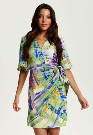 Liquorish Abstract Print Midi Dress In Green With Short Sleeves