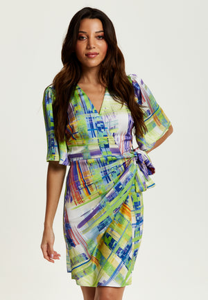 Liquorish Abstract Print Midi Dress In Green With Short Sleeves